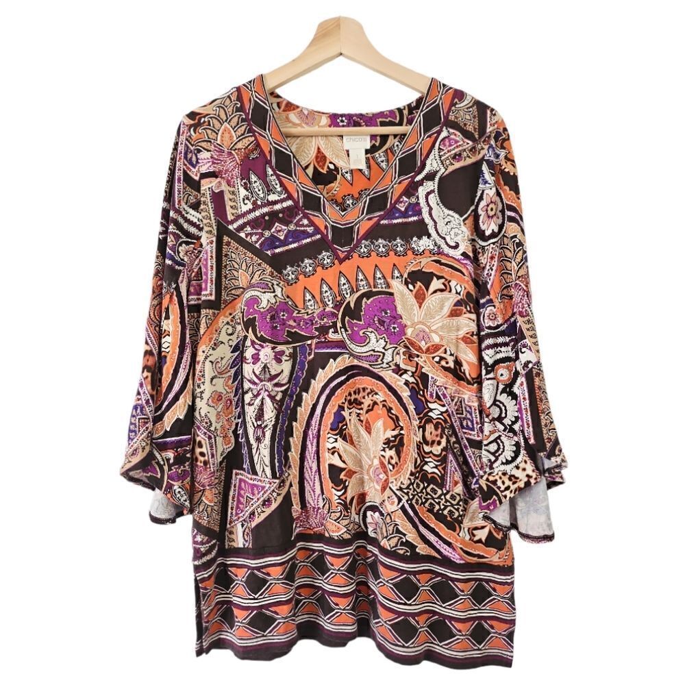 Chico's V Neck Paisley Print Split Cuff Scarf Print 3/4 Sleeve Top Shirt Sz 8
